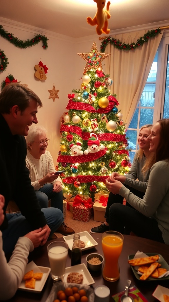 Fun Christmas Party Games for Family Gatherings Family playing games together during a Christmas party, surrounded by festive decorations.